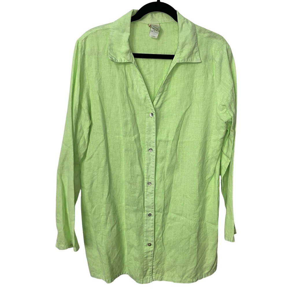 I Can Too Womens Large Lime Green 100% Linen Button Down Tunic Shirt Made in USA